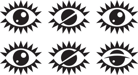 Abstract black eye icons with starburst rays, symbolizing vision, surveillance, perception, awareness, and creativity