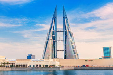 Fototapeta premium 2 December 2025, Bahrain, Manama: World Trade Center stands prominently in the city with innovative wind turbine integration