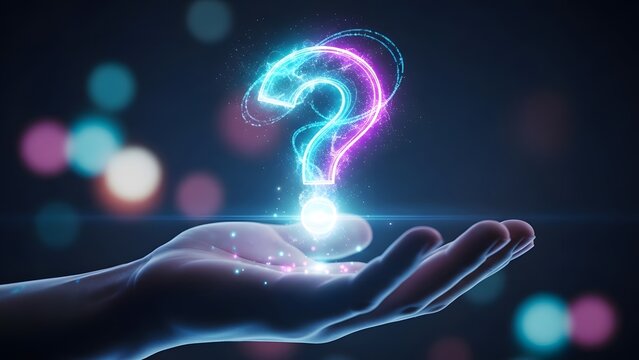 Human hand holding a glowing holographic question mark. Support and artificial intelligence query. Person seeking answers through a digital interface with colorful bokeh lights