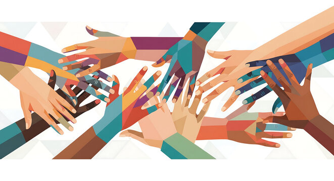 Geometric Low Angle View of Diverse Hands Reaching Together in Unity