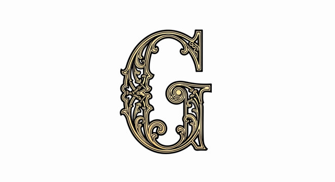 Ornate vintage letter G, rendered in gold tones with intricate scrollwork