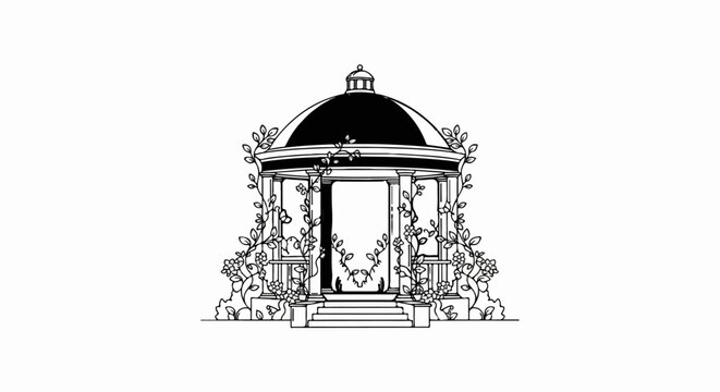 Ornate garden gazebo with climbing vines and floral accents