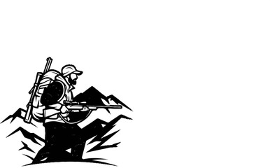 Obraz premium Man with rifle and backpack in mountains