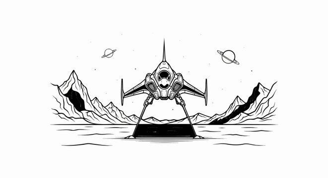 Futuristic spaceship lands on alien planet with ringed planets above