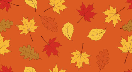 Fototapeta premium Vector eps illustration of colorful autumn leaves on orange background
