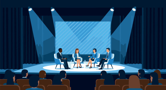 Business Conference Panel Discussion on Stage with Audience Corporate Seminar Forum Presentation Event Illustration