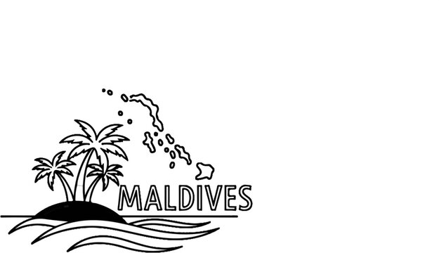 Island with palm trees, waves, and a map of the Maldives region