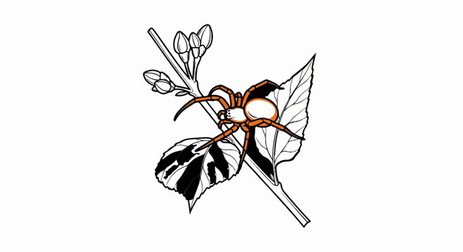 Orange spider with black and white patterned leaves and flower buds on a stem