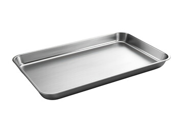 Stainless steel baking tray for oven, rectangular sheet metal pan, kitchenware for cooking or food preparation, transparent background