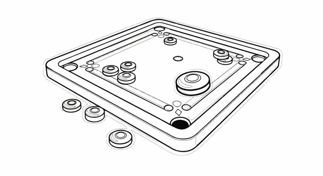 Black and white line drawing of a carrom board with pieces
