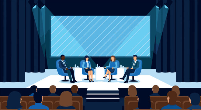 Business Conference Panel Discussion on Stage with Audience Corporate Seminar Presentation Event Illustration