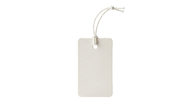 Blank white retail hang tag with string loop isolated on white background, minimal product label for packaging, branding, pricing, and merchandise display mockup