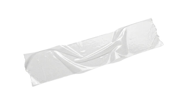 Transparent plastic wrapper sleeve isolated on white background, crumpled clear packaging film with folded edges for product pack mockup