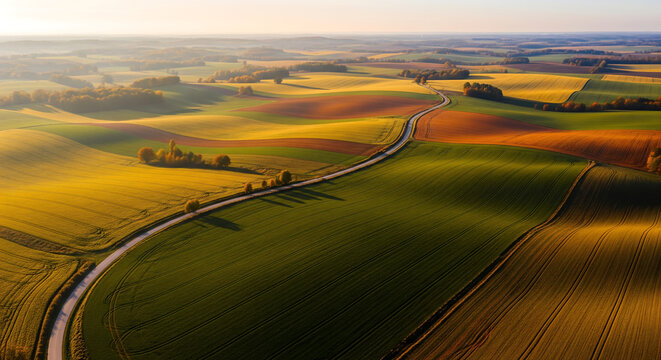 Aerial View of Winding Country Road Through Rolling Autumn Fields at Sunrise