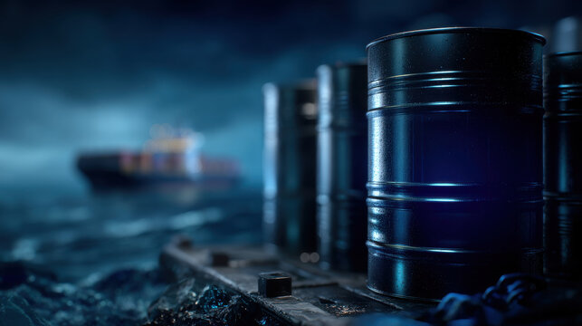 Dark blue oil drums on wet dock at night with blurred cargo ship in background creating moody cinematic atmosphere
