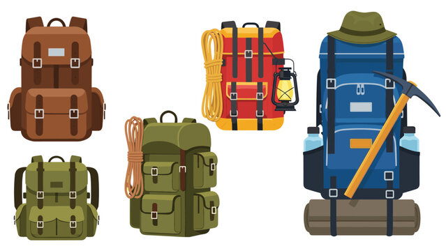 Selection of colorful hiking backpacks with camping equipment like ropes, lanterns, and ice axes for outdoor adventure planning.