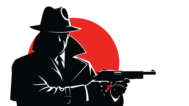 Dramatic silhouette of a private detective wearing a fedora and coat holding a handgun against a large red circle background.