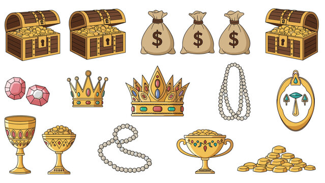Assortment of pirate treasure including gold coins, jewelry, crowns, gems, and chests filled with valuable riches.