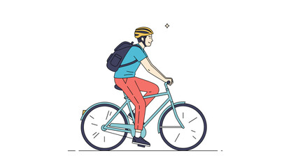 Fototapeta premium Young man wearing a helmet and backpack riding a blue bicycle as a sustainable urban transportation method through the city.