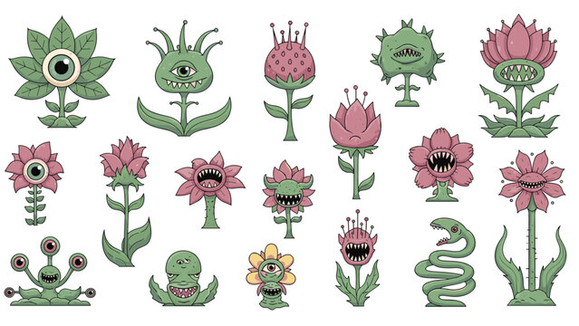 Variety of monster plant characters featuring multiple eyes, tentacles, and snapping jaws for a fantasy world concept.