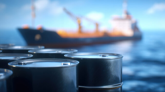 Crude oil barrels stacked on deck with cargo ship blurred in background under blue sky, industrial maritime transport atmosphere