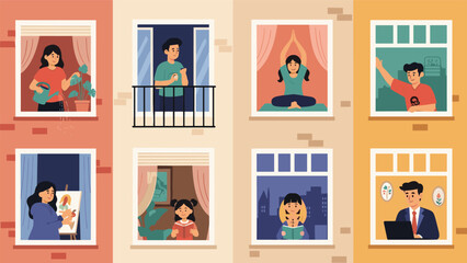 Fototapeta premium Colorful illustration of an apartment building facade showing various neighbors engaged in activities like painting, reading, and yoga.
