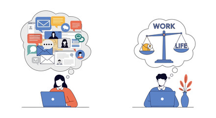 Fototapeta premium Work-Life Balance & Digital Overload: People Juggling Modern Workplace Demands, Email, Messages, and Personal Life on Laptops