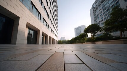 Fototapeta premium Modern office buildings and paved walkway in an urban setting during the day viewed from a low angle perspective