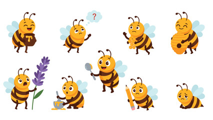 Obraz premium Set of cute bee characters in different activities such as holding honey, crying, writing, and carrying a large lavender flower.