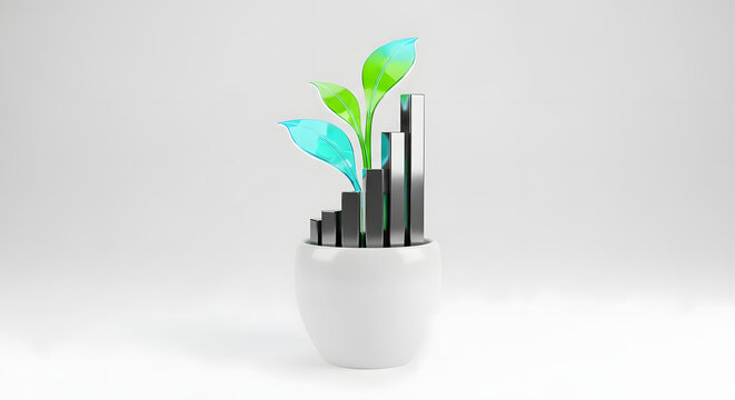 The growth chart in a small pot demonstrates the concept of financial growth and investment returns, with each step representing incremental progress.
