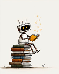 Fototapeta premium Robot's Literary Pursuit: A charming robot, perched atop a towering stack of books, engrossed in the pages of a colorful book, with its metal frame and antenna, embodying the pursuit of knowledge.