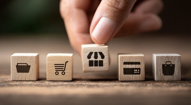 Wooden cubes show retail, e-commerce. Shopping delivery online concept.