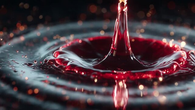Close-up of a red liquid splash creating a crown shape with bokeh lights
