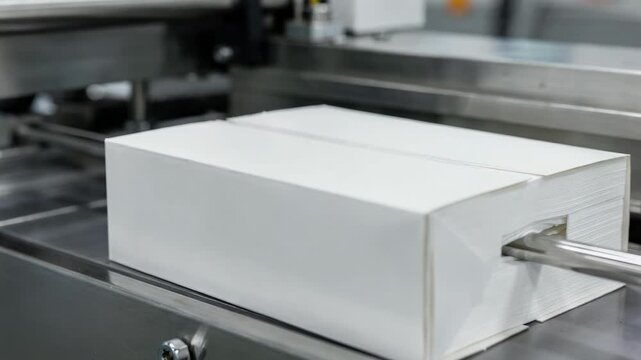 Medium shot capturing the precise insertion of flat box facial tissues highlighting the clean folding and carton sealing process in a modern factory.