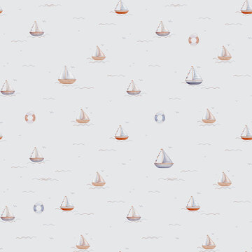 Watercolor seamless pattern of illustrations of sailboat on the waves and birds in sky on isolated. Hand drawn sea horse in blue violet pastel color. Repeat ornament Drawing of in nautical style