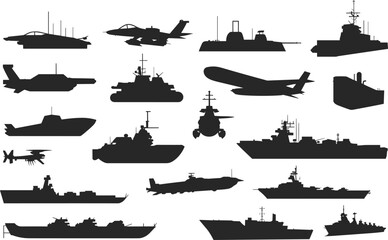 Military aircraft and naval warship silhouettes collection including fighter jets helicopters submarines and battleships defense vector illustration set © Rayhan