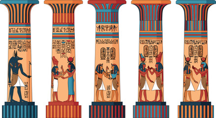 Ancient Egyptian temple columns with hieroglyphs and gods Anubis Isis Ra colorful vector illustration historical architecture set