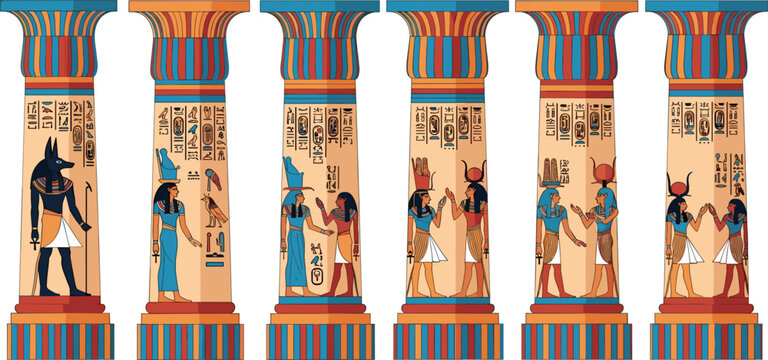 Ancient Egyptian decorated temple columns with hieroglyphs and gods Anubis Isis Ra vector illustration historical architecture set