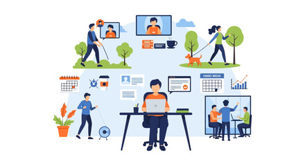 Fototapeta premium Modern Hybrid Work: Remote Office, Team Collaboration, and Flexible Work-Life Balance Illustration
