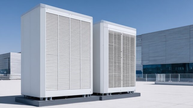 Industrial air conditioning units on rooftop with clear blue sky background