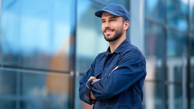 Smiling male construction worker in blue uniform and cap standing with arms crossed outdoors