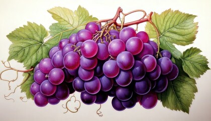 Fototapeta premium Illustration of a Bunch of Purple Grapes with Green Leaves.
