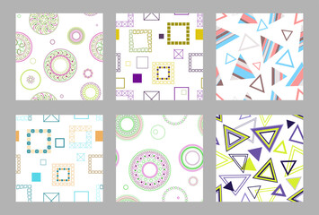 Fototapeta premium A set of seamless patterns. Circular patterns, triangles, and squares. Designs for fabric, packaging paper, and other designs.