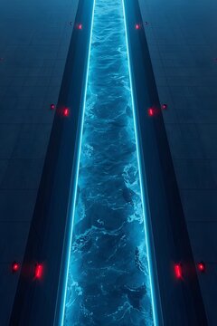 Narrow glowing blue water lane between dark metallic walls
