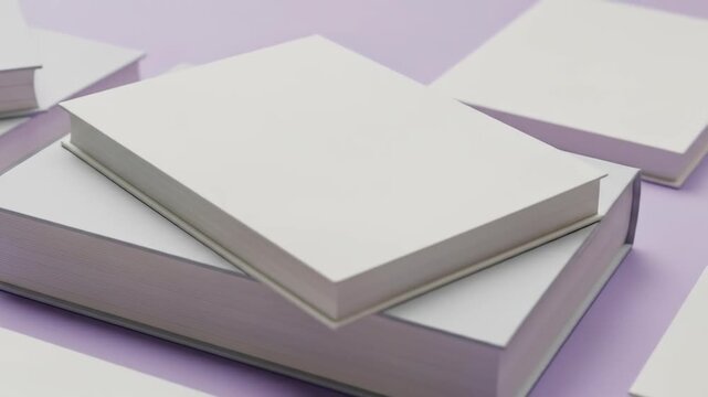 A stack of white books with blank covers, some lying flat and others on their sides, on a light purple surface