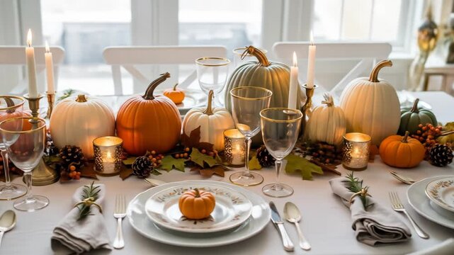 A festive table setting with pumpkins and candles on a white tablecloth