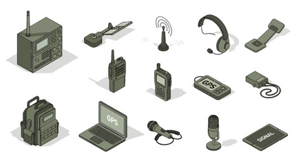 Military Communication and Navigation Equipment Isometric Vector Set - Tactical Radio, GPS, Satellite, and Signal Transmission Technology Illustration © Imroatul mutmainah