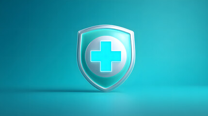 Obraz premium Medical shield with cross symbol on blue background representing healthcare protection, medical insurance coverage, patient safety, hospital security, and health protection concept