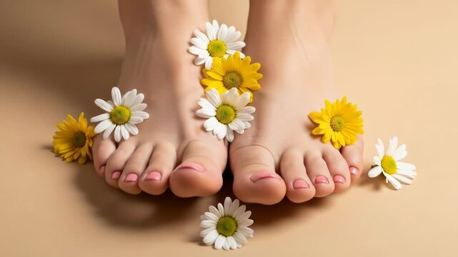 A close-up of a person's feet adorned with pink toenail polish surrounded by white and yellow daisies on a beige surface