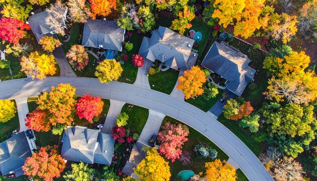 Aerial view of a suburban neighborhood with houses and trees displaying vibrant autumn colors along a winding road.